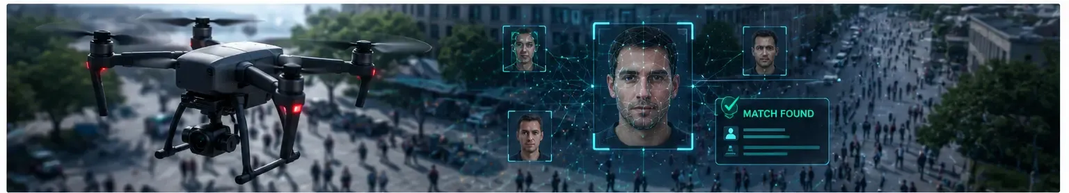 Drone using AI facial recognition to identify people in a crowded urban area from the air.