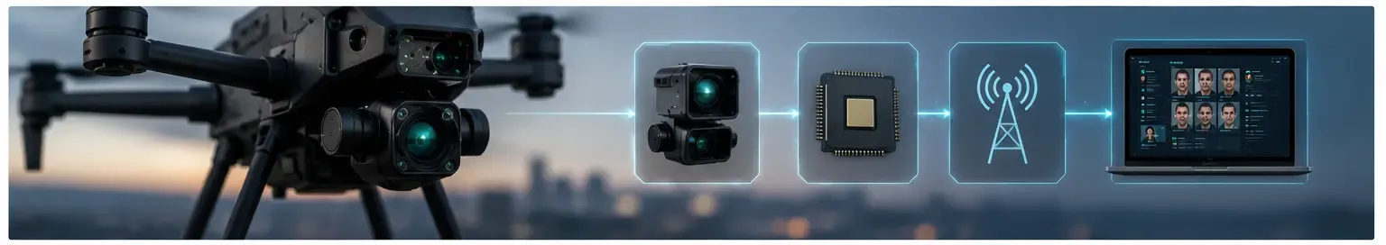 Drone camera connected to onboard processing hardware, communication systems, and AI facial recognition software.