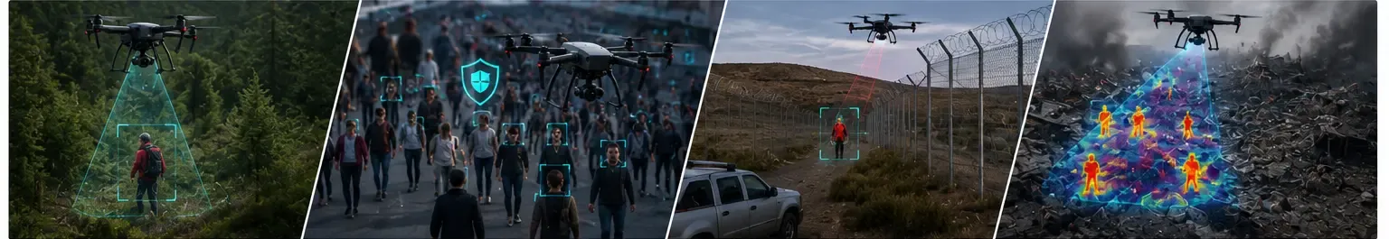 AI facial recognition drone used for search and rescue, crowd monitoring, border security, and disaster response.