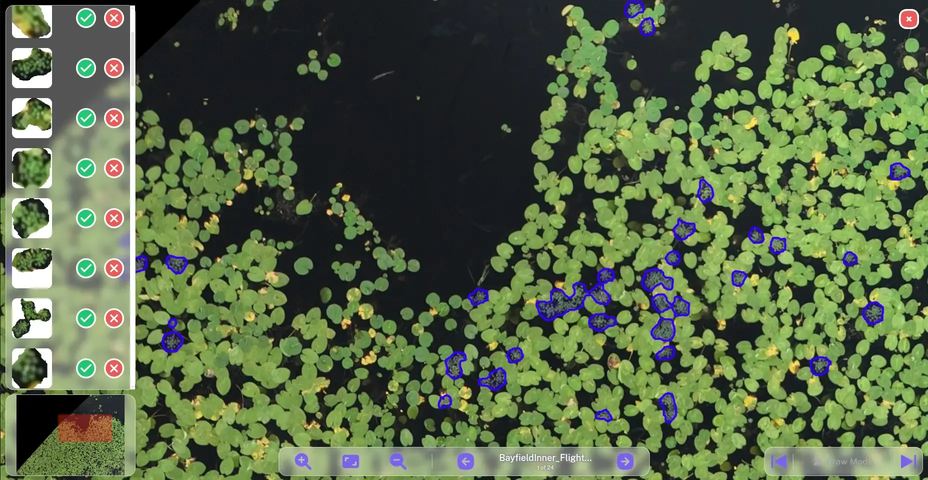 Software platform interface for Eastern Waterfowl Classification segmentation workflow, showing map view with polygon selection tools, model dropdown menu, and minimum polygon size slider