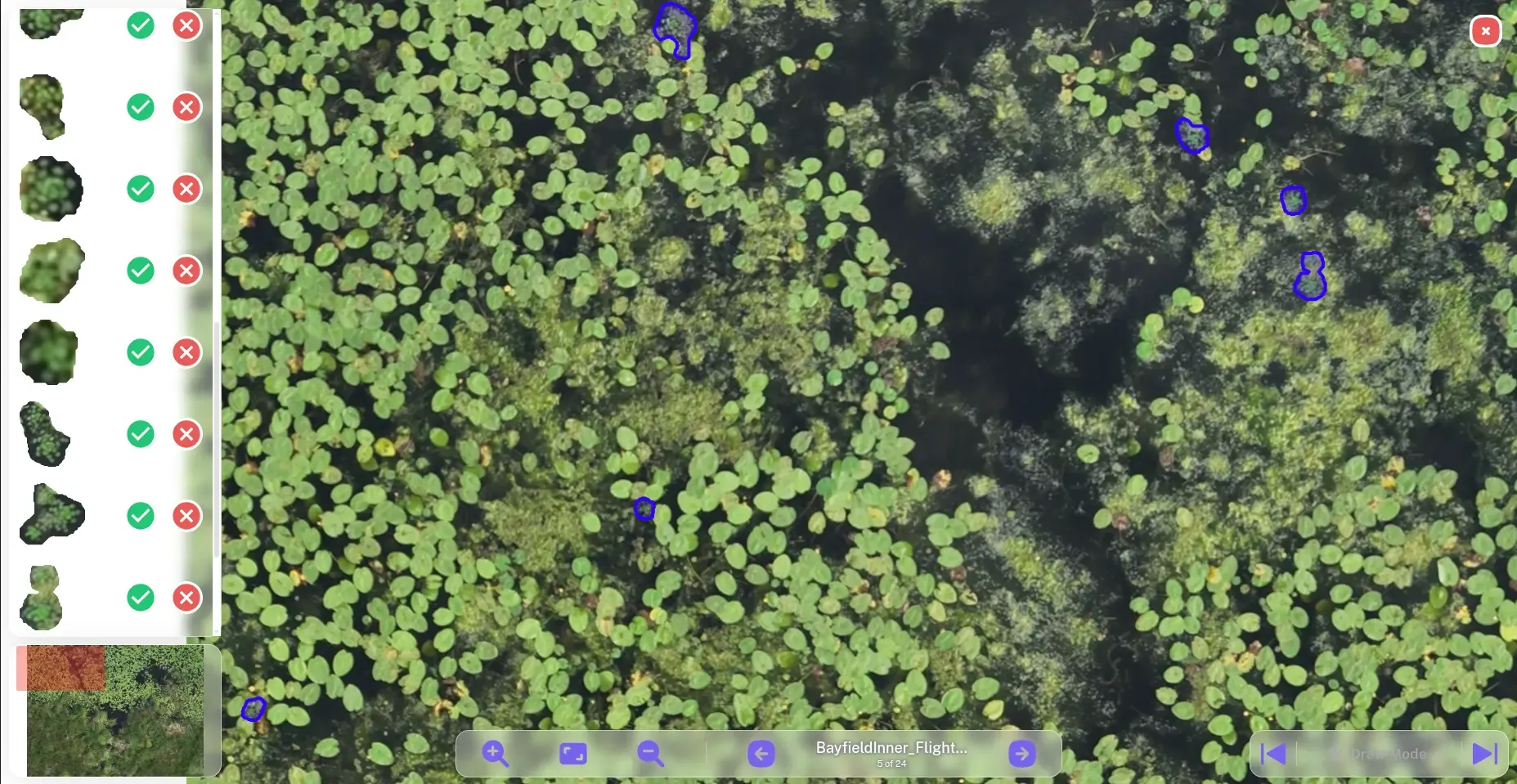 Software platform interface for Eastern Waterfowl Classification segmentation workflow, showing map view with polygon selection tools, model dropdown menu, and minimum polygon size slider