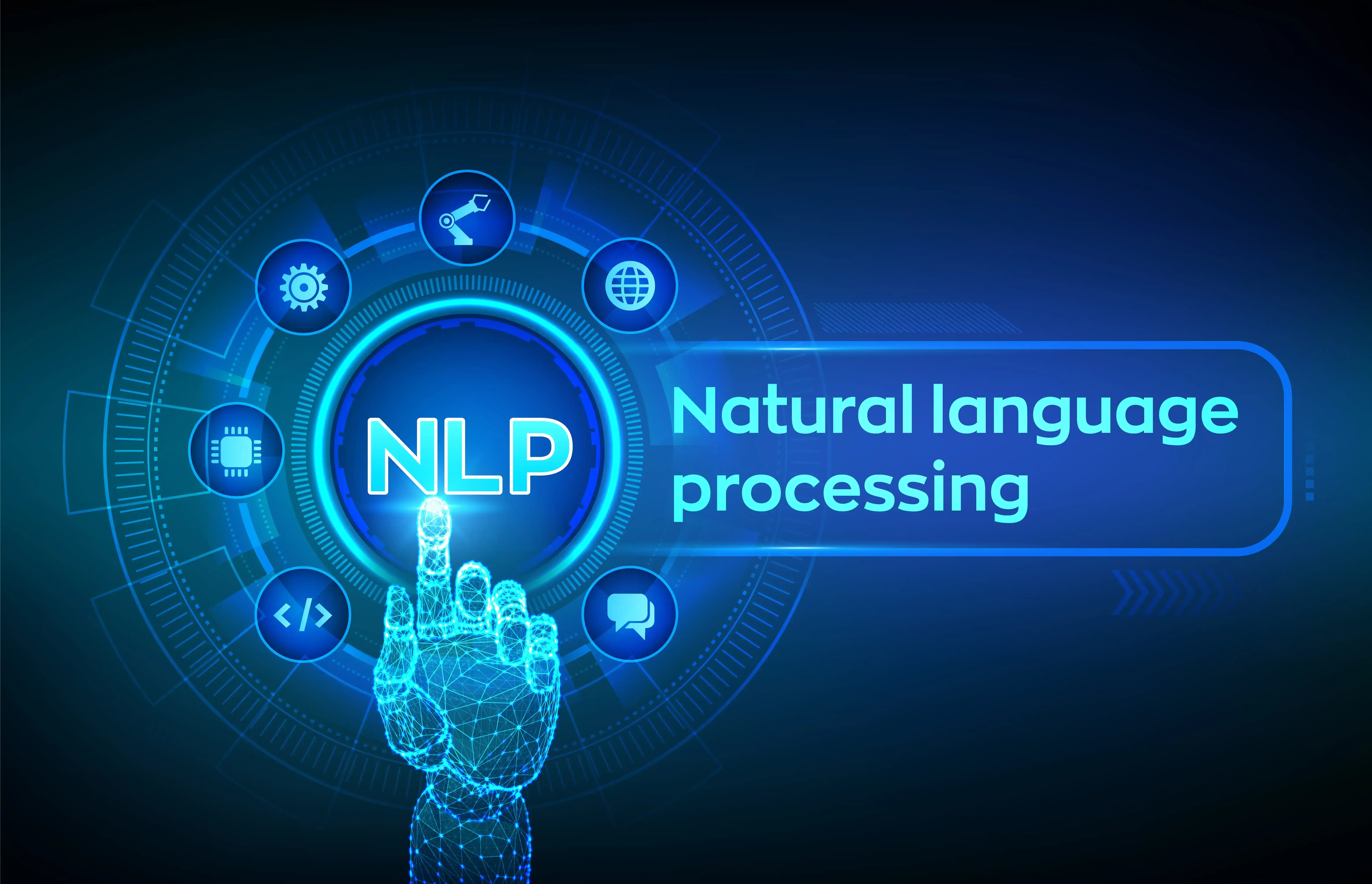 Nlp. Natural language processing cognitive computing technology concept on virtual screen. Robotic hand touching digital interface. 