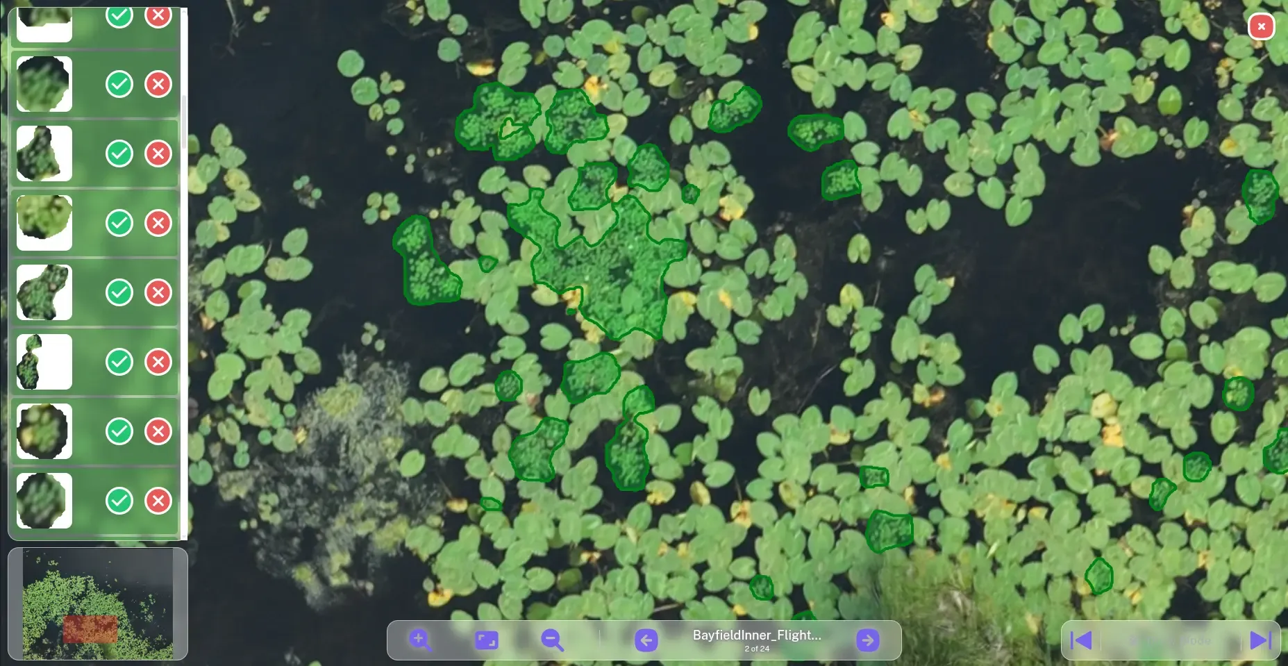 Software platform interface for Eastern Waterfowl Classification segmentation workflow, showing map view with polygon selection tools, model dropdown menu, and minimum polygon size slider