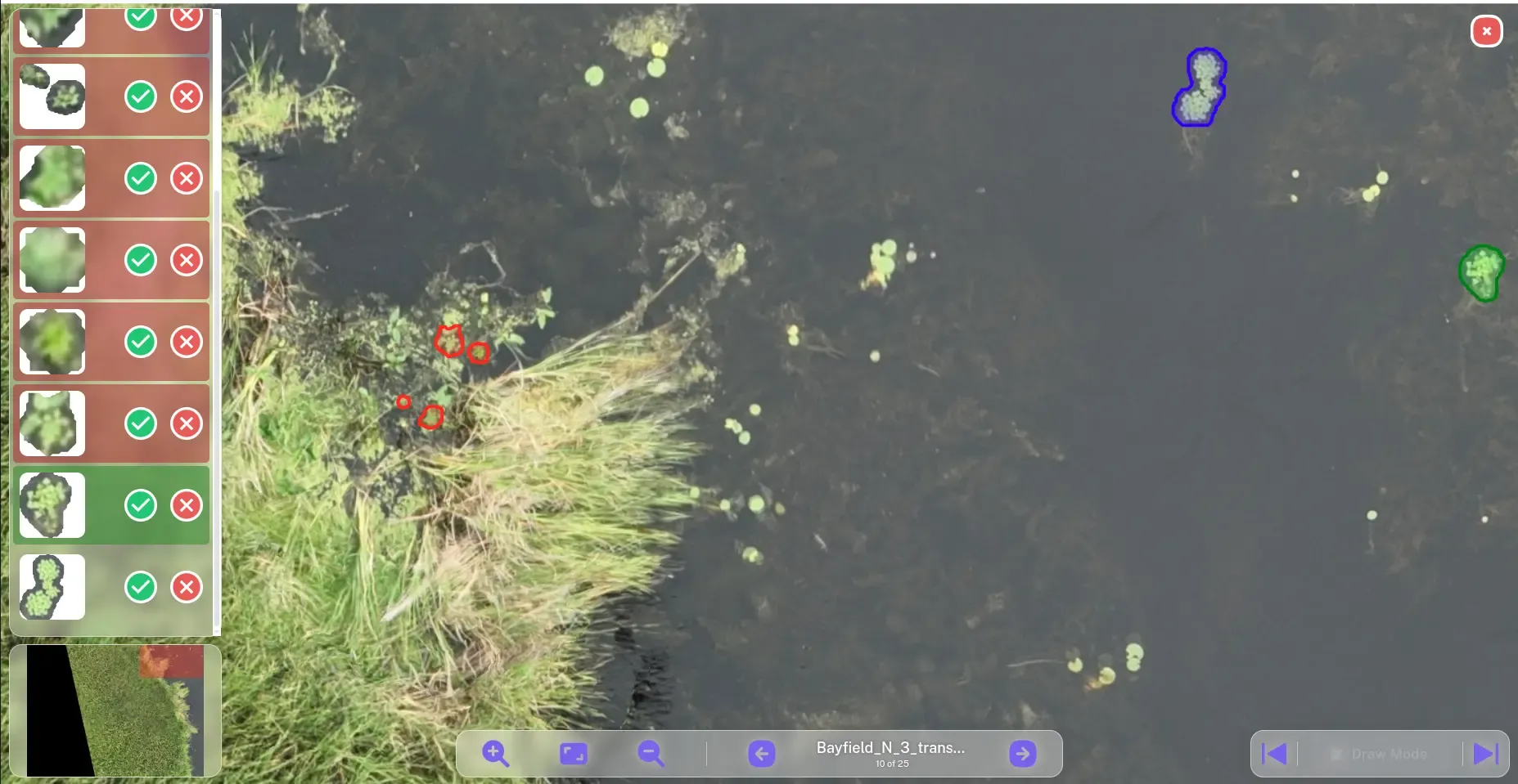 Software platform interface for Eastern Waterfowl Classification segmentation workflow, showing map view with polygon selection tools, model dropdown menu, and minimum polygon size slider