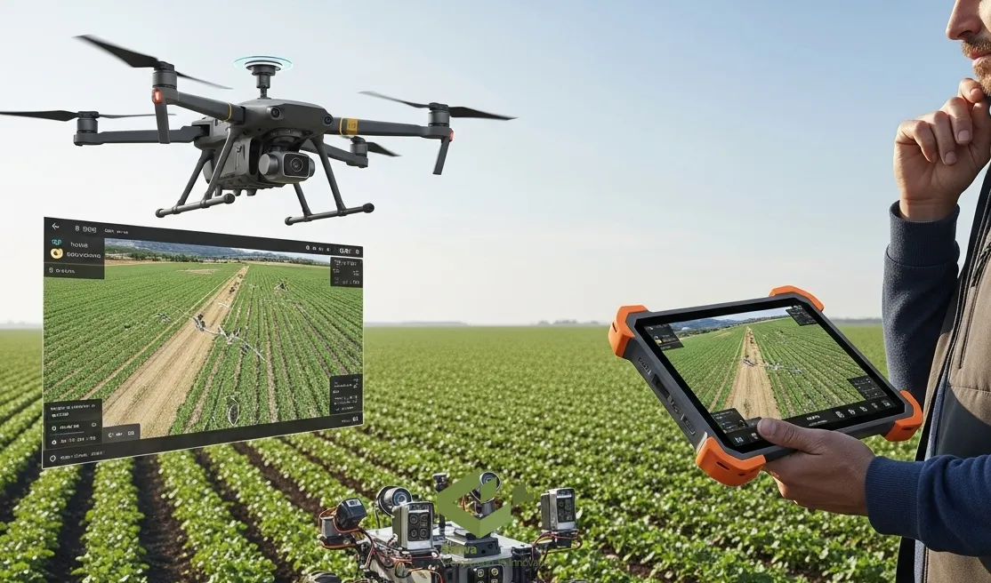 Farmer with drone and tablet analyzing crop health. A man holds a rugged orange tablet showing crop imagery and data, with a hovering agricultural drone, a small rover, and a holographic screen overlay in a green field.