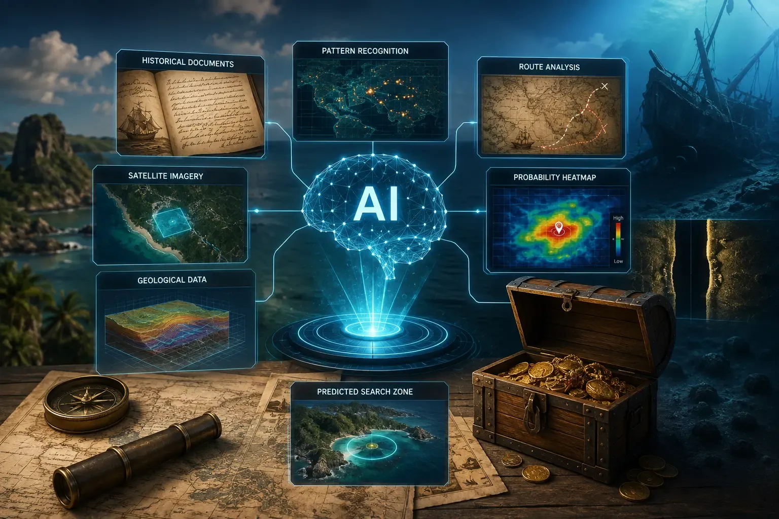 AI-powered treasure hunting system analyzing historical documents, satellite imagery, geological data, route patterns, and probability maps to identify potential discovery zones.