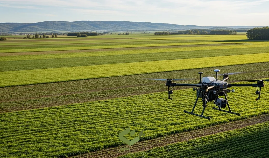 A drone monitoring a field