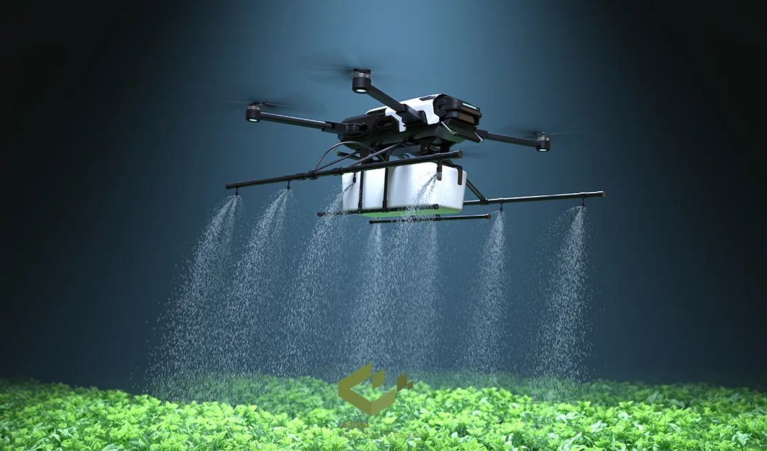 A drone spraying over the farm