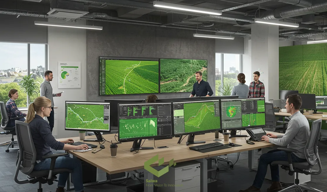Agritech office with farm monitoring dashboards. An office setting where several workers monitor large screens displaying aerial views of green fields, charts, graphs, and agricultural analytics data.