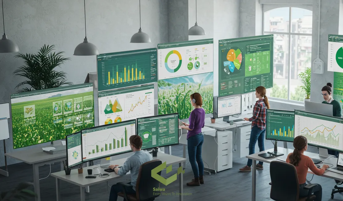 Agritech command center with data visualizations. An open-plan office features multiple workers viewing screens that show crop health, yield projections, and other farm data through charts, graphs, and images of green fields.