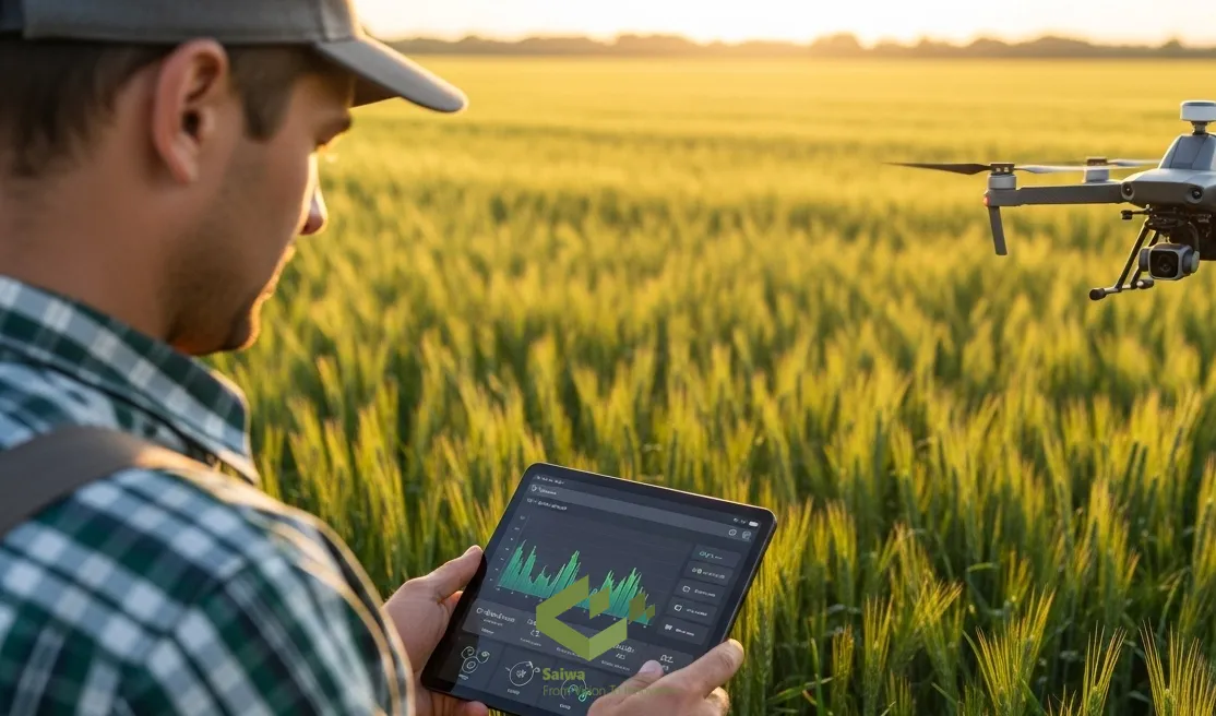 Farmer using a tablet to monitor crops with a drone. A farmer in a plaid shirt stands in a lush green field at sunset, looking at a tablet displaying real-time agricultural data charts and graphs, with a hovering drone in the background.