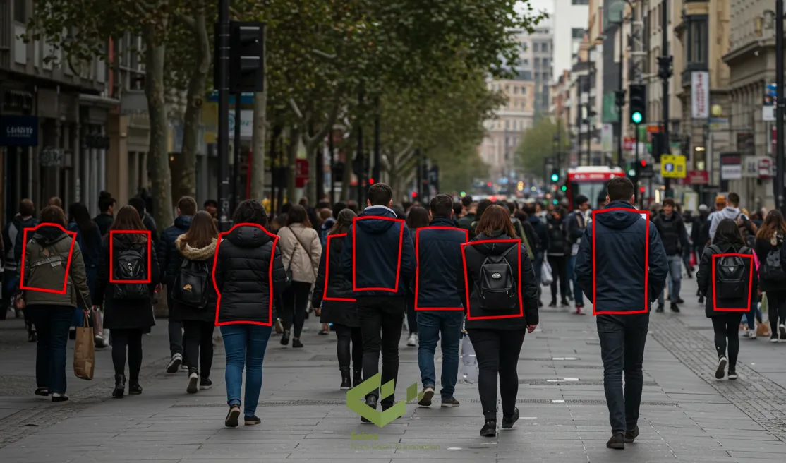 Pedestrian crowd with object detection bounding boxes. A busy city street where people are walking away from the camera, with red bounding boxes drawn around individuals and backpacks to illustrate AI crowd or object counting.