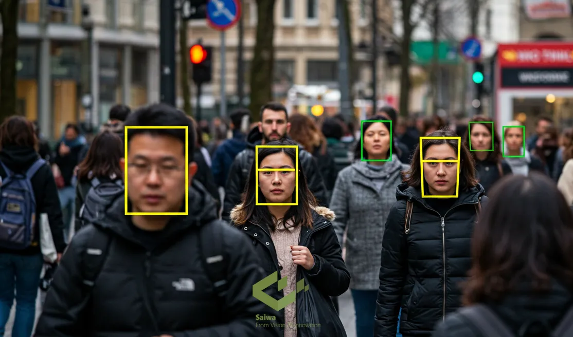 Crowd of pedestrians with face detection overlays. A street scene showing multiple people walking, with yellow and green bounding boxes highlighting and tracking faces for AI object or face detection.