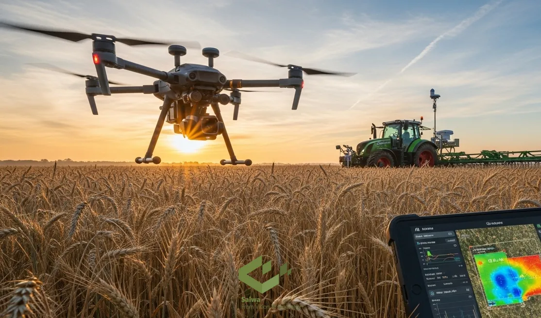 Drone, tractor, and tablet in a wheat field at sunset. A large agricultural drone hovers over ripe wheat stalks, with a green tractor in the background. A tablet in the foreground displays a crop yield heat map and technical data, illustrating precision agriculture.