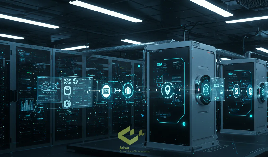 Server room with holographic data pipeline display. A dark server room with brightly lit racks features holographic overlays showing a data flow, charts, graphs, and icons representing a machine learning or data processing workflow.