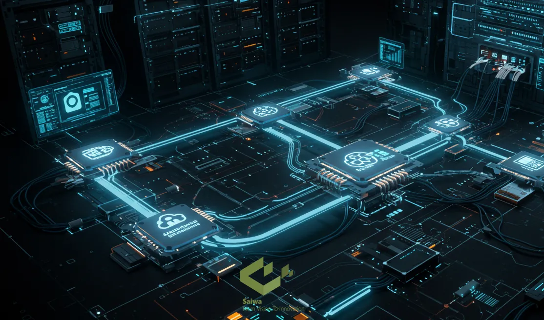 3D rendering of a high-tech data center or server room. Displays a Machine Learning Pipeline concept with glowing blue lines connecting various servers or chips, each featuring a data or AI-related icon.