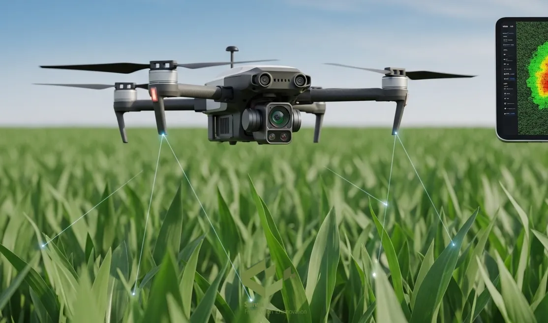 Close-up of a drone monitoring crops. A multispectral drone (UAV) hovers over a vibrant green field, projecting laser lines onto the plants, with a tablet displaying a red/yellow NDVI thermal map in the corner.
