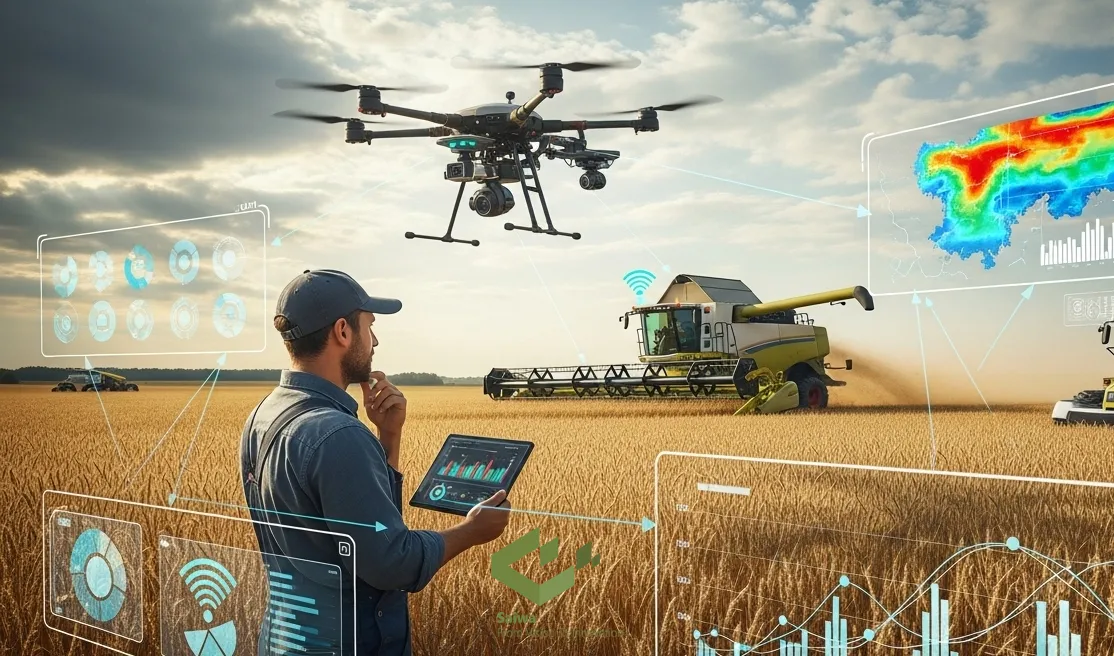 Farmer using a drone and tablet for predictive analytics. A man in a cap stands in a ripe wheat field at harvest time, looking at a tablet displaying charts and data. A large drone hovers above, and a combine harvester works in the background, all connected by digital overlays showing smart farming data and a thermal map.