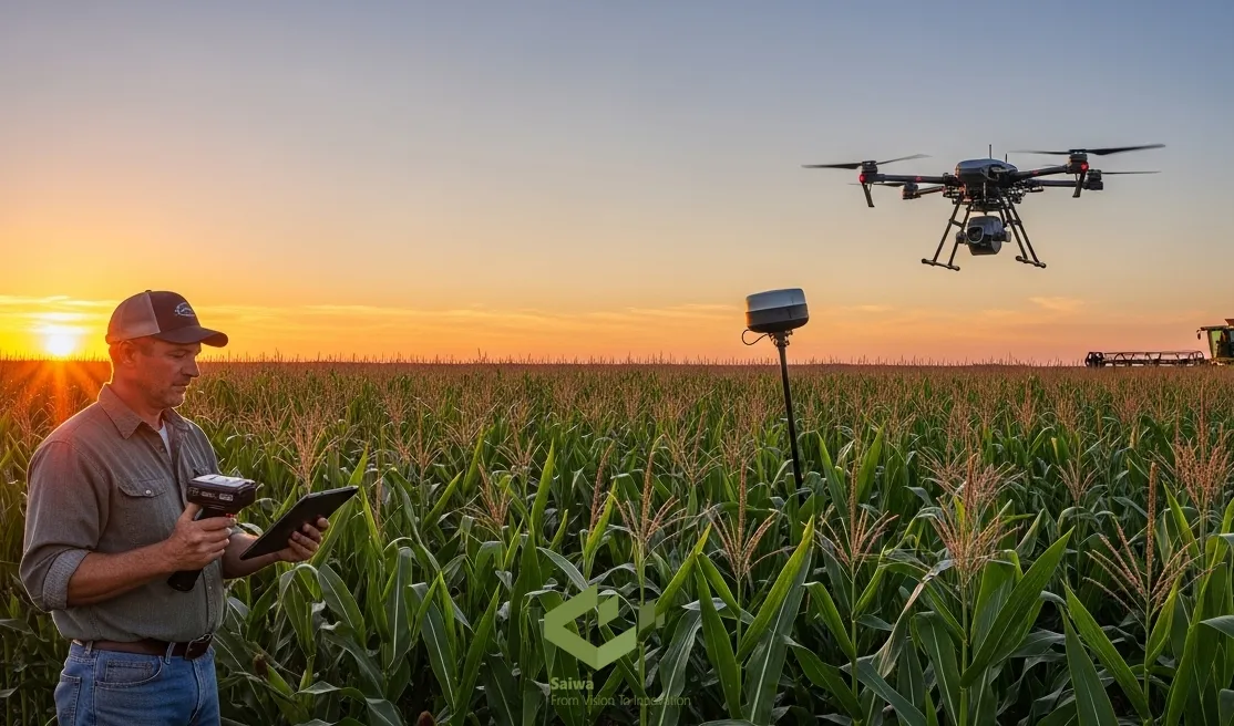 Farmer with drone and sensor in cornfield at sunset. A farmer in a cap and denim shirt holds a handheld device and tablet, with a large agricultural drone hovering over a corn crop and a GPS receiver nearby, illustrating precision agriculture.