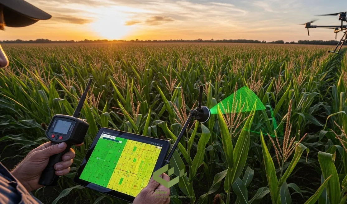 Farmer using drone, tablet, and sensor to monitor corn yield. A farmer uses a handheld device and tablet displaying a color-coded crop map in a cornfield at sunset, with a drone flying overhead.