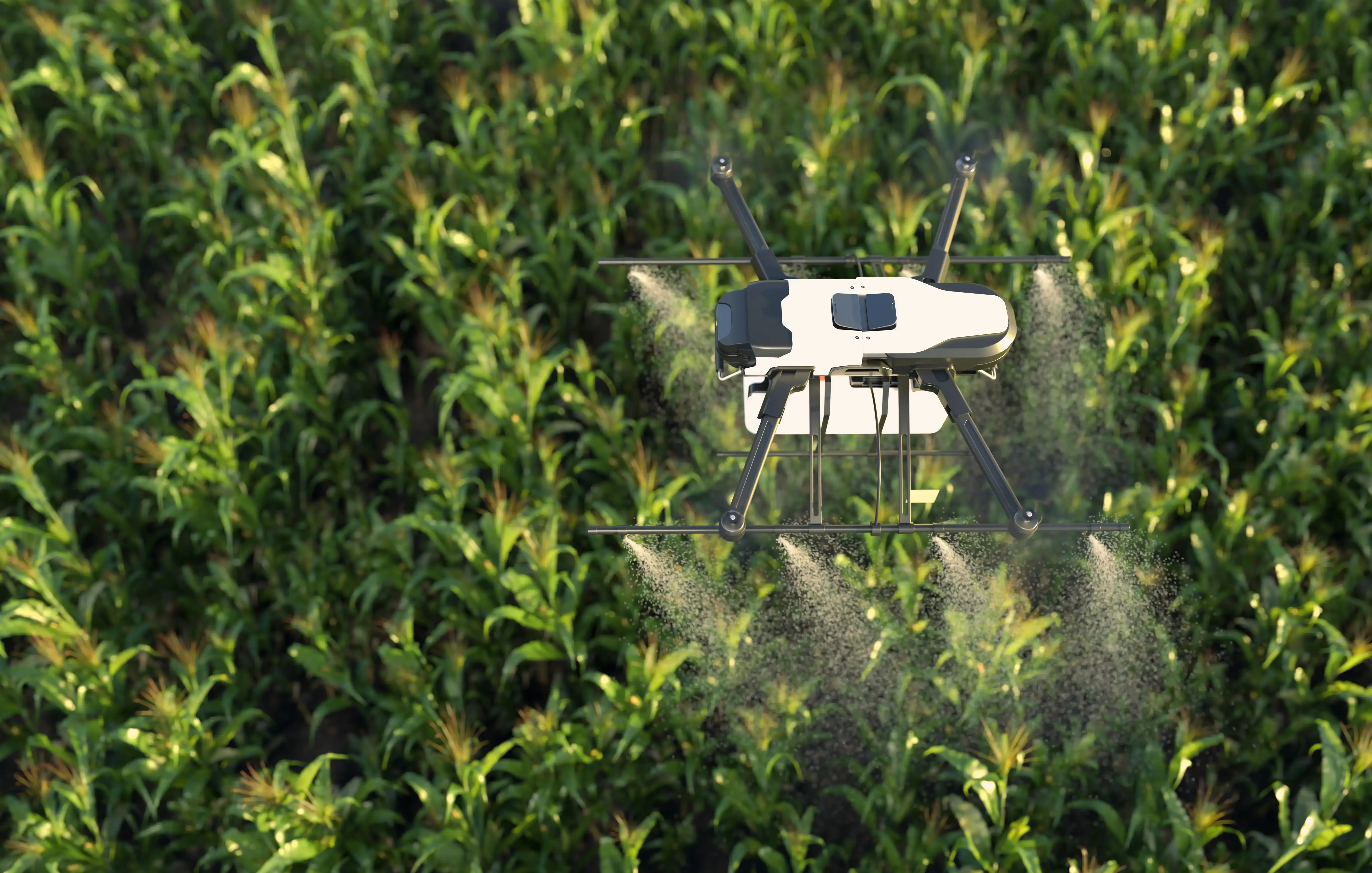 Drone spraying fertilizer on vegetable green plants agriculture technology farm automation