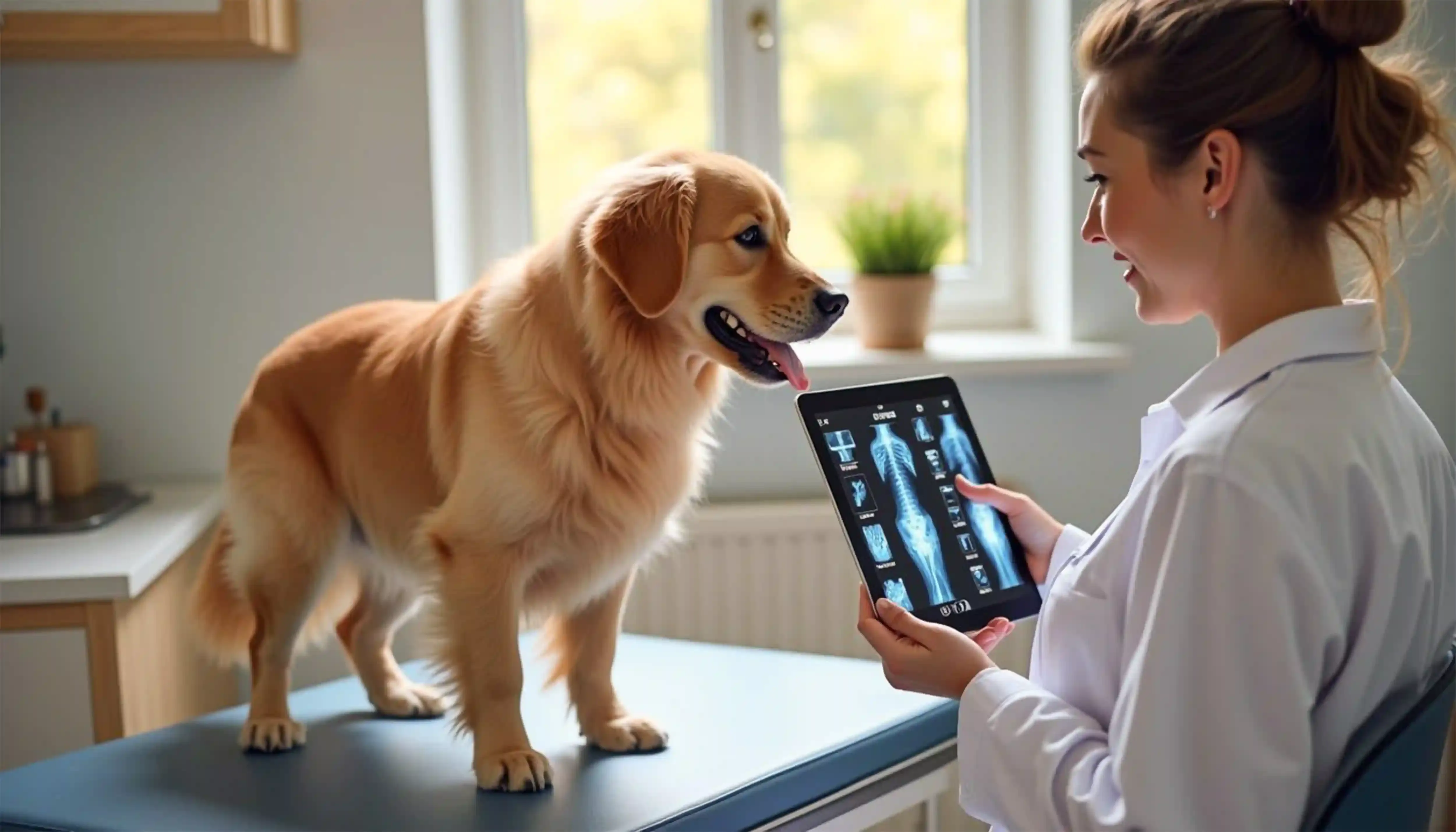 Female veterinarian assesses the dogs health on a tablet computer with xray scans