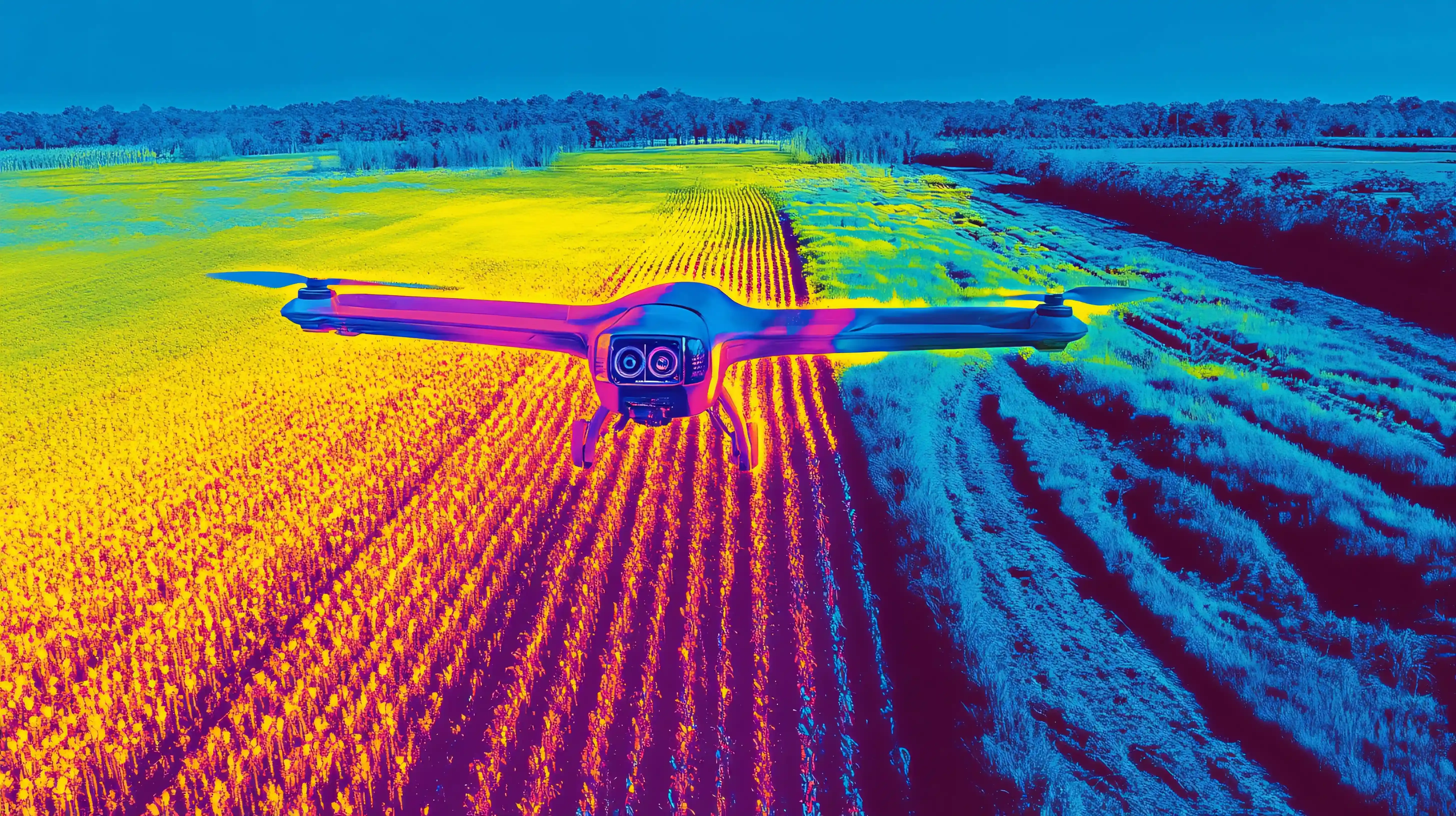 An illustration of a drone equipped with thermal imaging technology flying over a field of crops the thermal images are displayed as colorful overlays on the plants indicating areas of stress or
