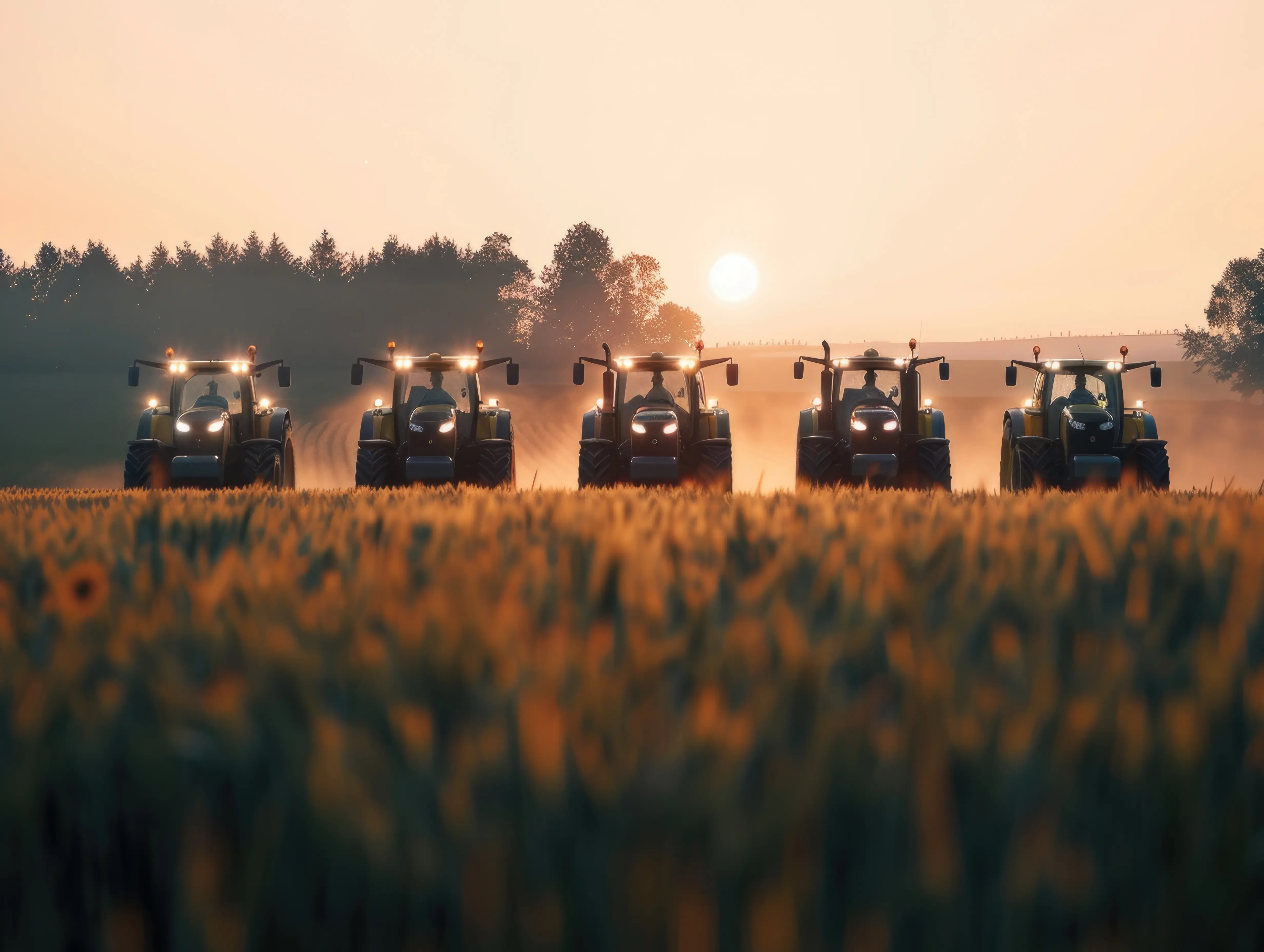 modern tractors lined up row field ai generative