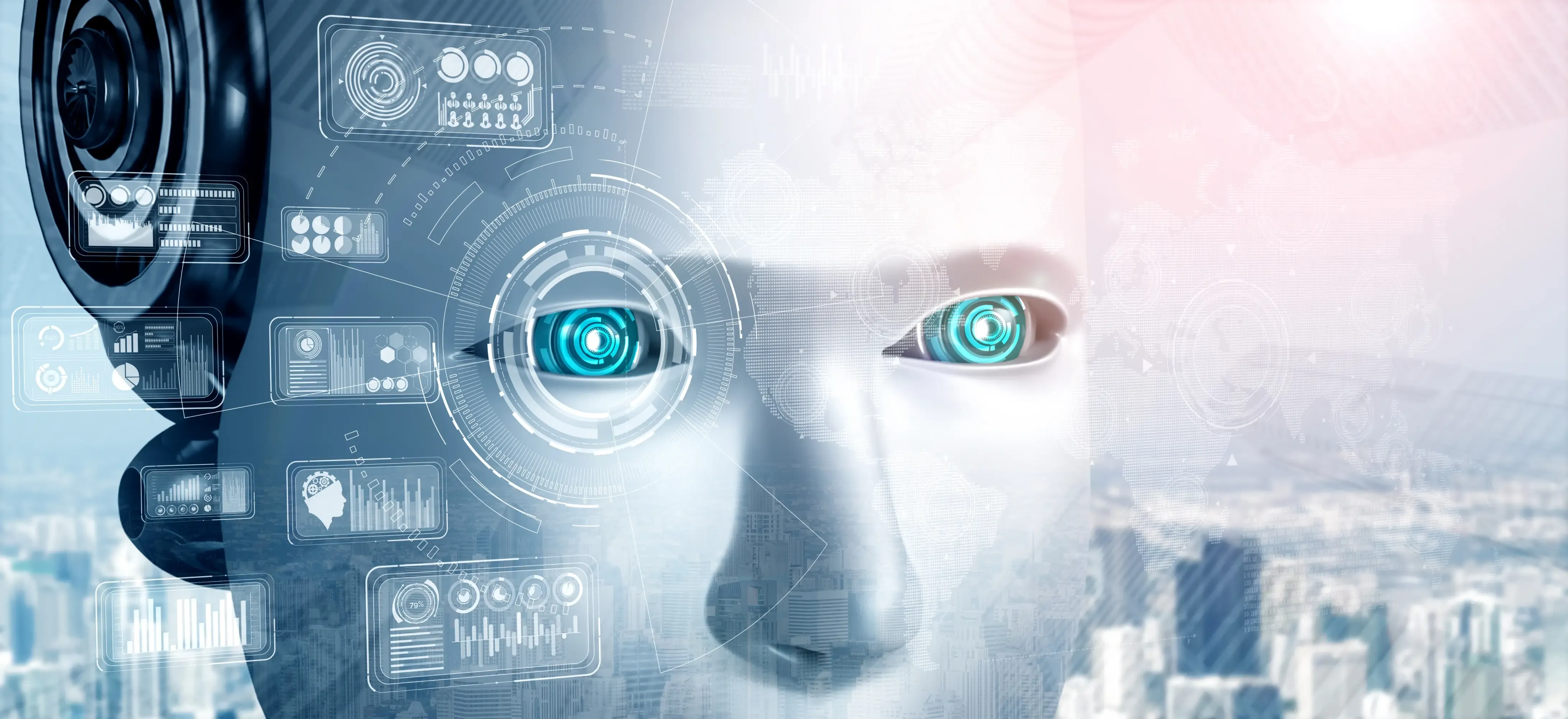 Robot humanoid face close up with graphic concept of big data analytic