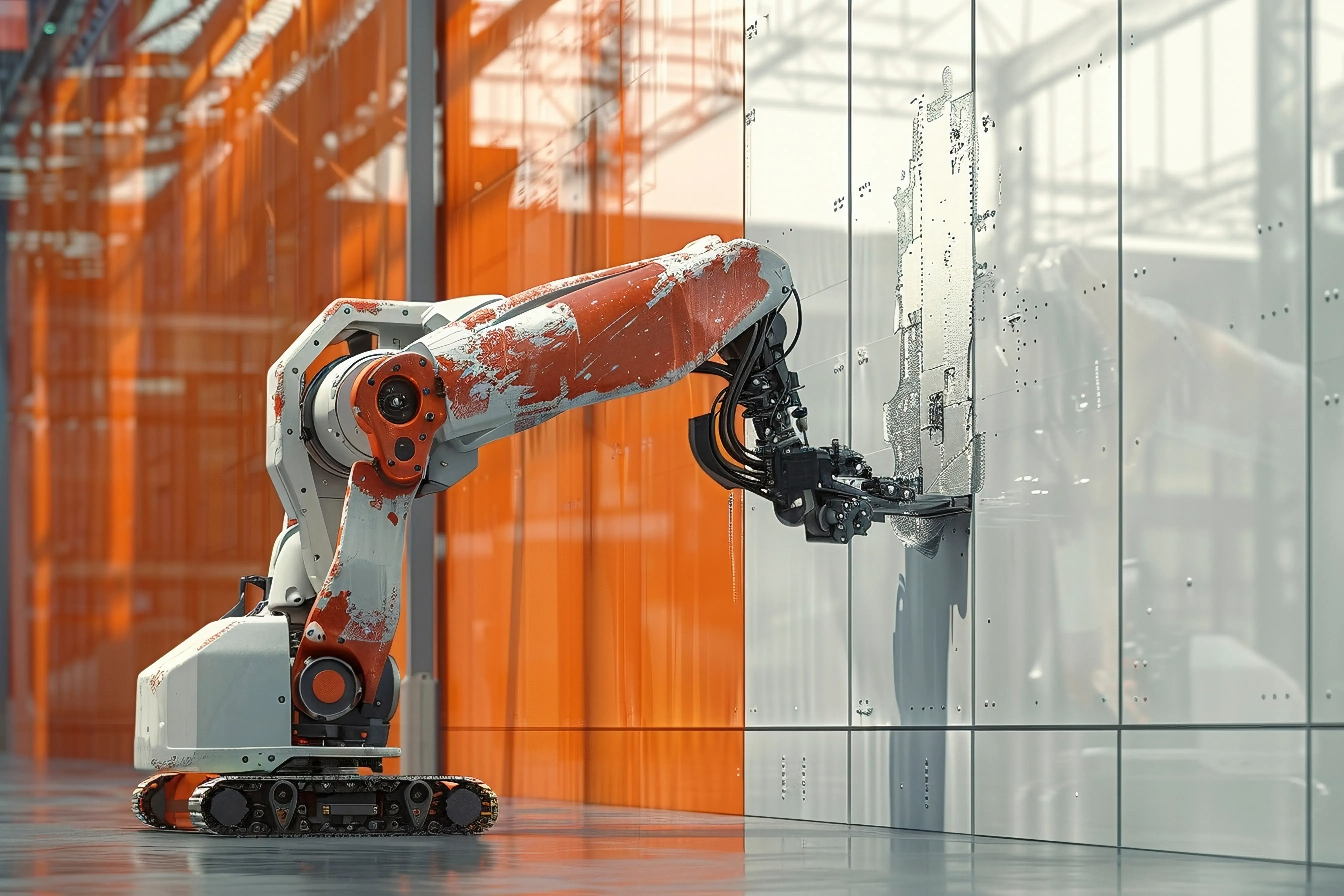 Scene with futuristic robot used in the construction industry