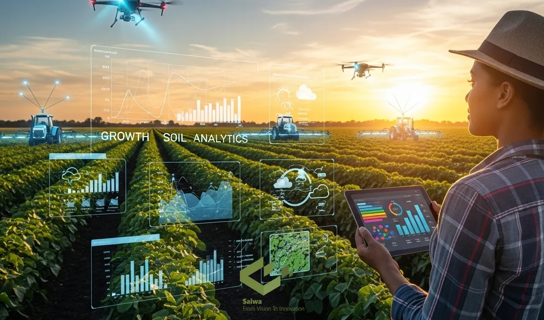 Woman farmer using AI for smart farming at sunset. A woman in a hat and plaid shirt stands in a field of green crops at sunset, holding a tablet displaying analytics data. Digital overlays show charts for "GROWTH," "SOIL ANALYTICS," and a field map, with two drones and tractors in the background.