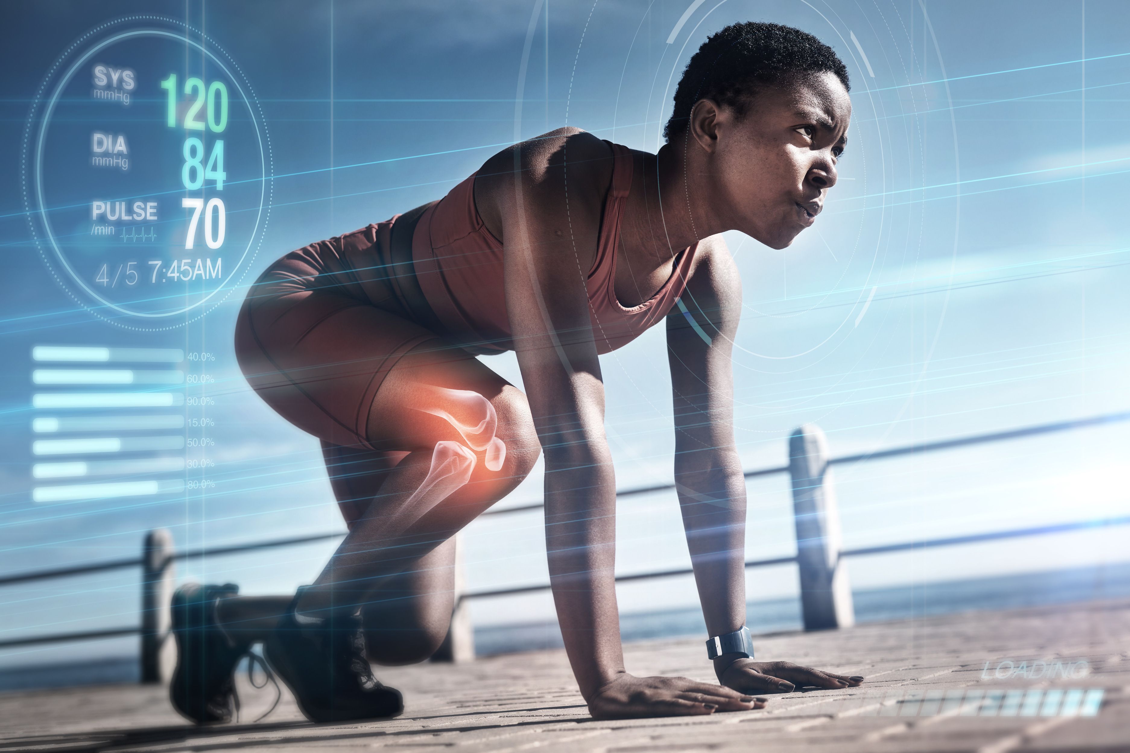 start-runner-black-woman-training-fitness-cardio-exercise-running-workout-summer-with-overlay-hologram-pulse-healthy-girl-sports-athlete-with-focus-resilience-strong-mindset