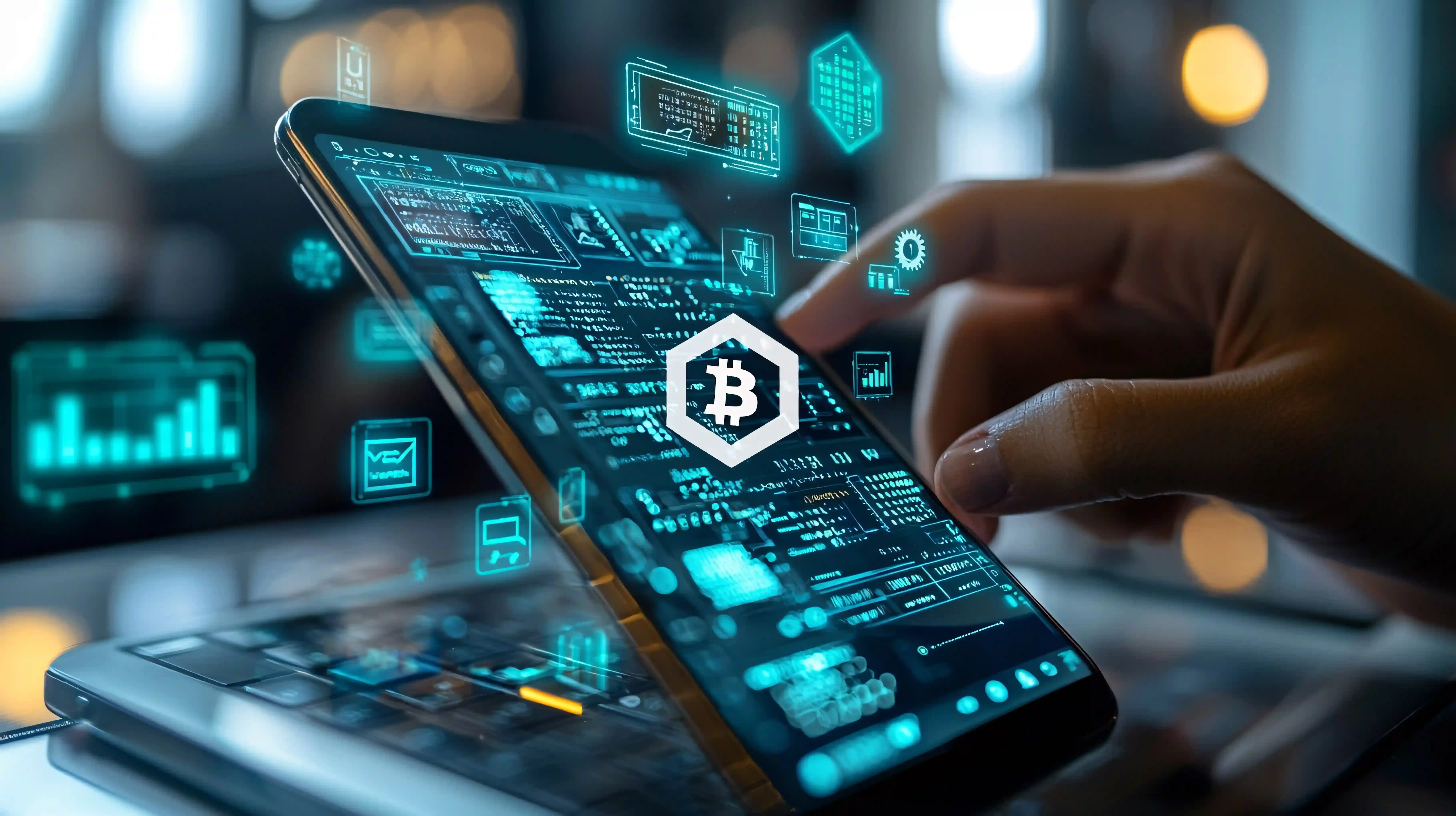 Virtual banking icons and cryptocurrency floating above a smartphone as a person manages futuristic financial transactions