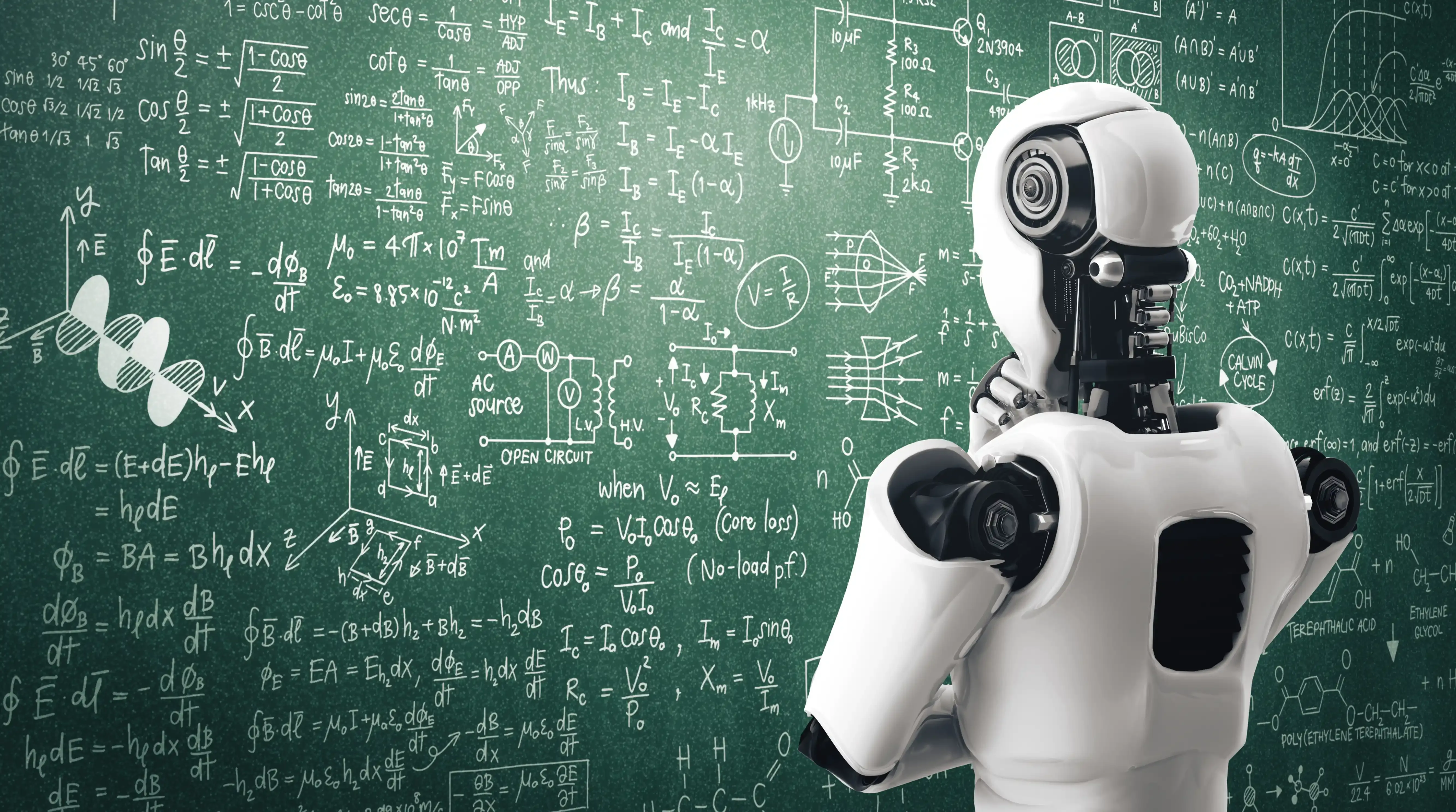 Xai thinking ai humanoid robot analyzing screen of mathematics formula and science